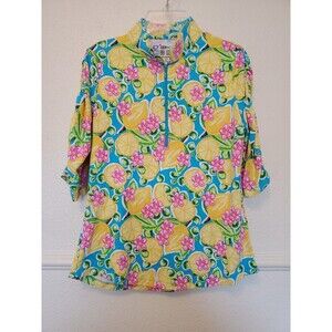 IBKUL Calista Print Ruched Elbow Length Sleeve Top Turq Multi Sz S UPF 50